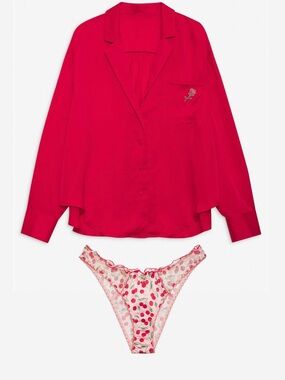 For Love And Lemons Red Satin Everyday Pajama Shirt with Cherry-Print Panty Set